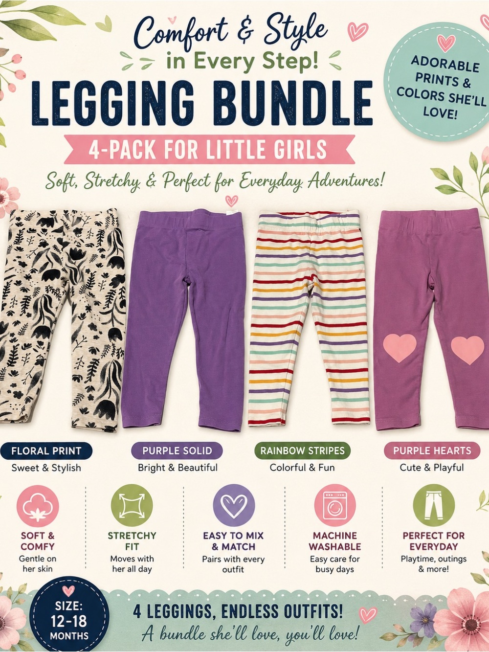 Girls’ Leggings 4-Pack Bundle – Floral, Purple & Rainbow – 12–18M